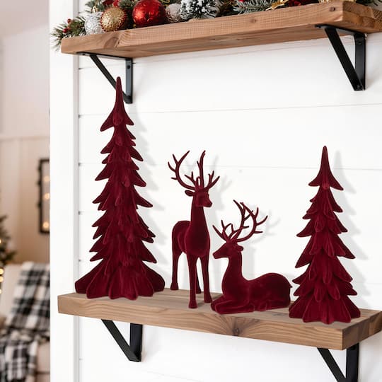 Glitzhome® Burgundy Flocked Reindeer with Tree Christmas Table Décor Set